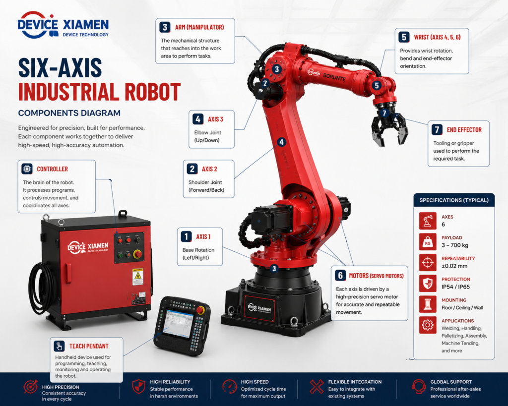 What Is an Industrial Robot? Complete Guide for Modern Manufacturing Diagram showing the main components of an industrial robot including controller, arm, and end effector.